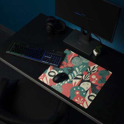 Vibrant floral abstract gaming mouse pad with red teal cream patterns, large non-slip base