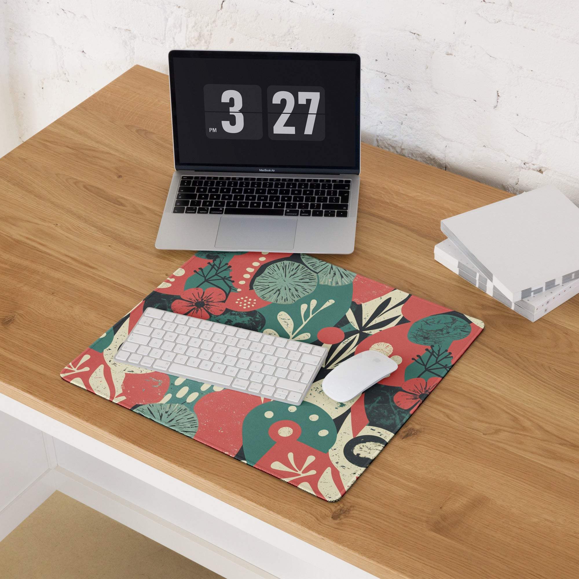 Vibrant floral abstract gaming mouse pad with large size, non-slip base, bold red green cream botanical pattern