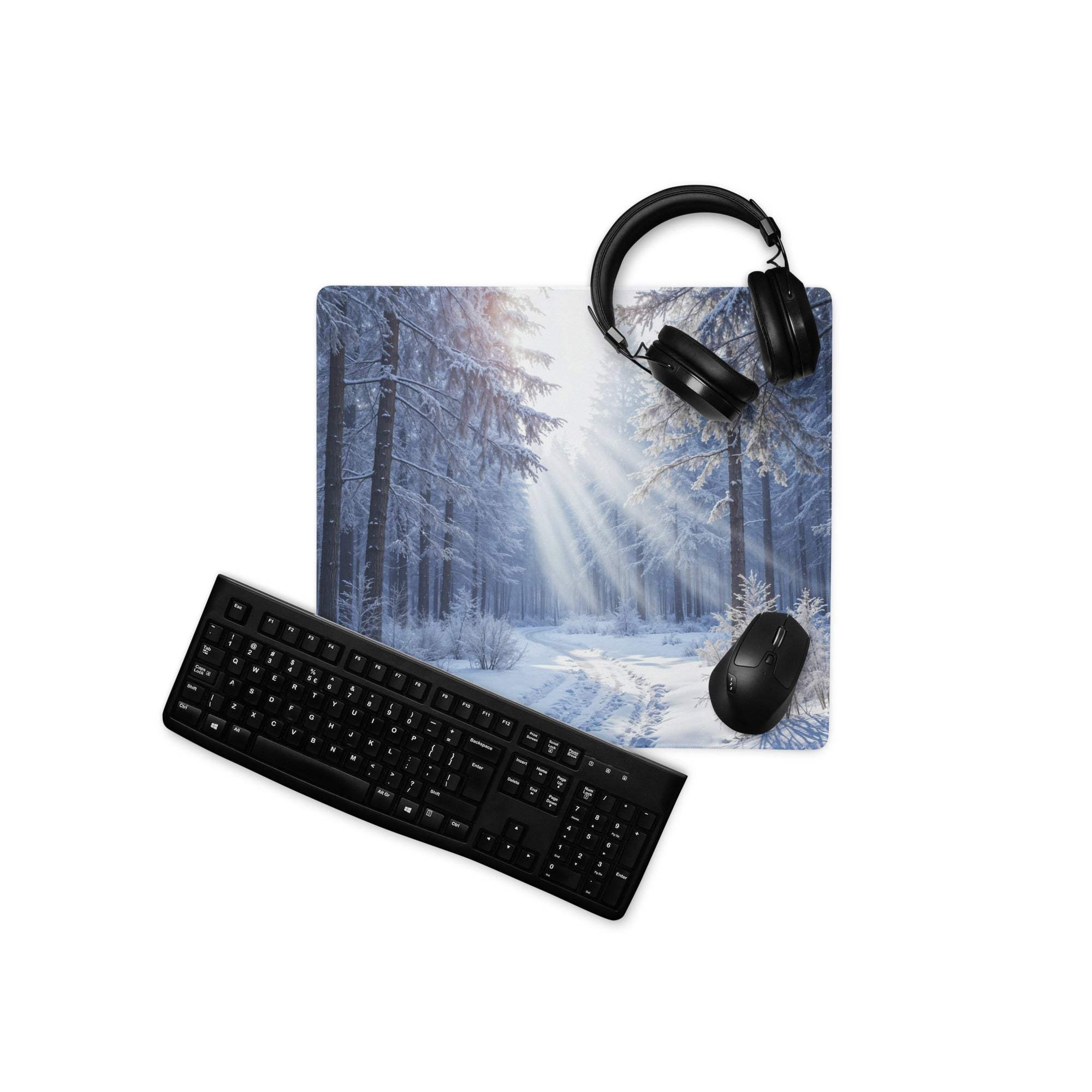 Large immersive winter forest gaming mousepad with black keyboard and mouse