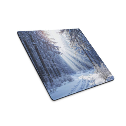 Large immersive winter forest gaming mouse pad with snow trees, non-slip base