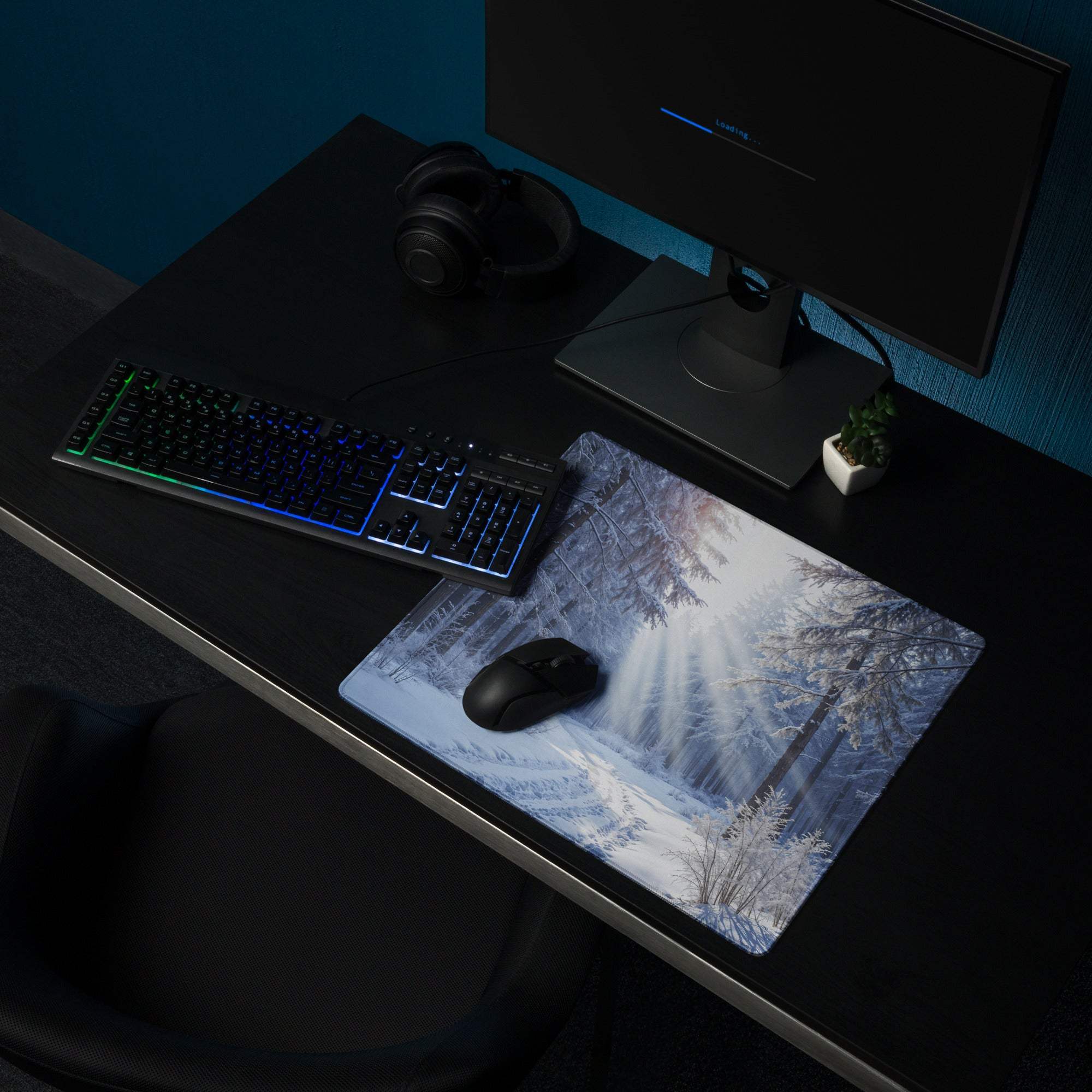Large immersive winter forest gaming mouse pad with non-slip base