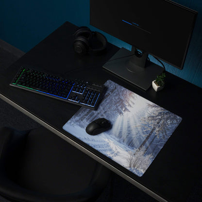 Large immersive winter forest gaming mouse pad with non-slip base