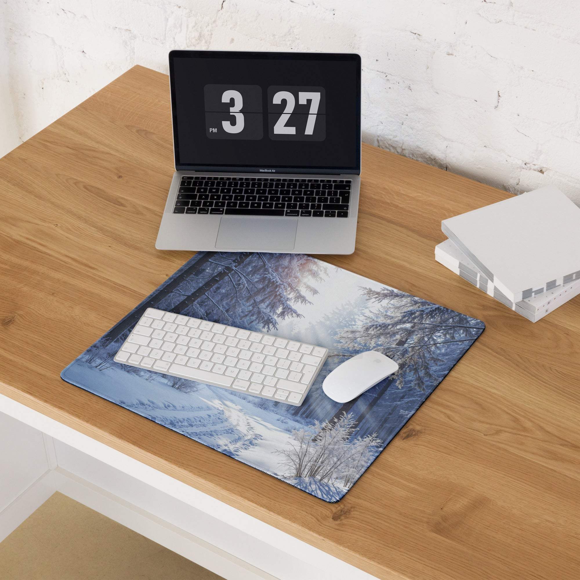 Blue winter forest gaming mouse pad with snow trees, misty landscape, non-slip base