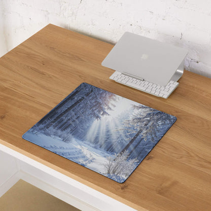 Blue winter forest gaming mouse pad with non-slip base and stitching