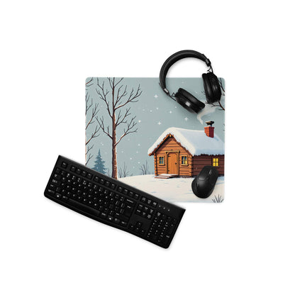 Cozy winter cabin snowy forest mouse pad with calm blue mood gaming design