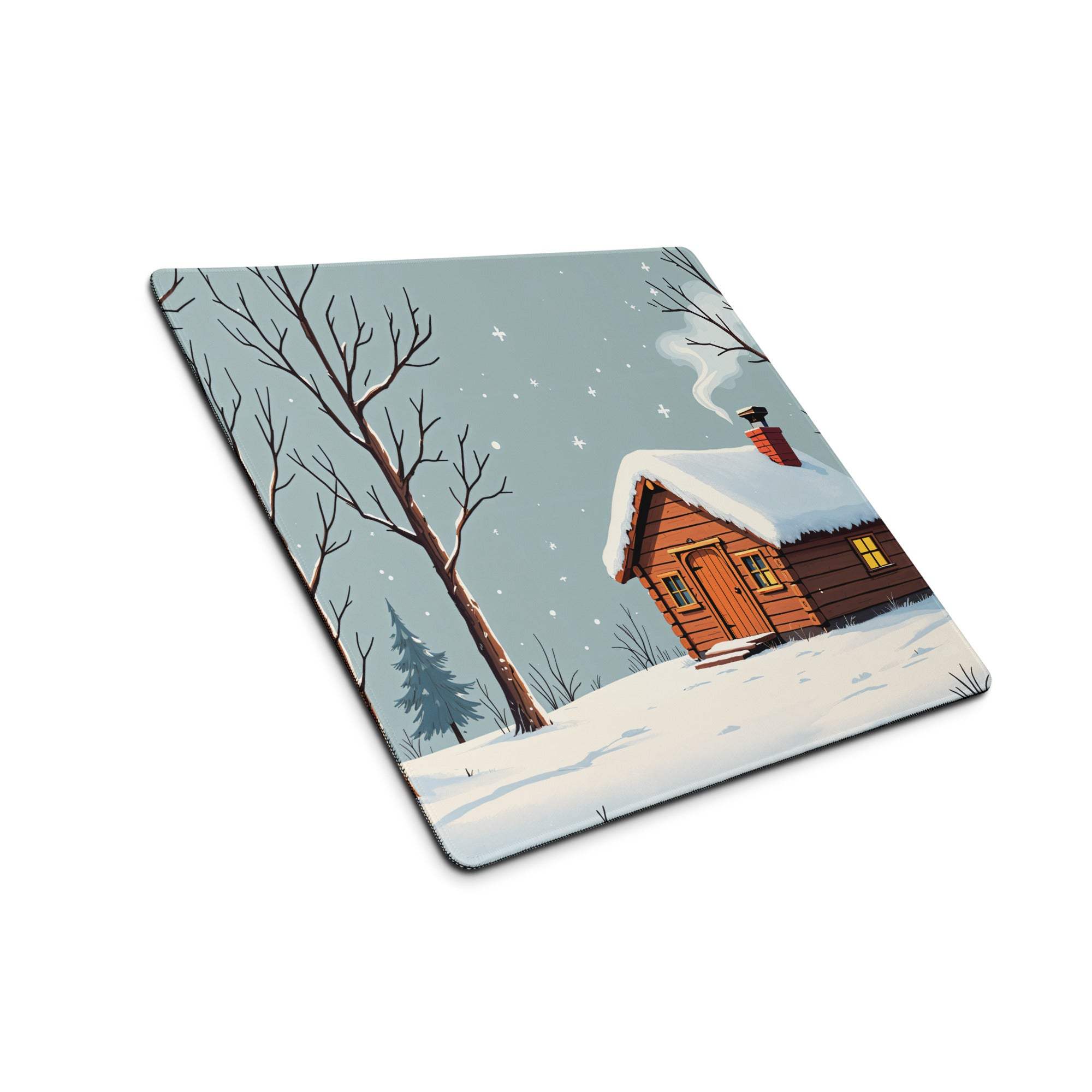 Snow-covered wooden cabin mousepad with cozy winter forest scene