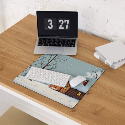 Cozy winter cabin mousepad with snowy forest, calm blue sky, large non-slip gaming pad