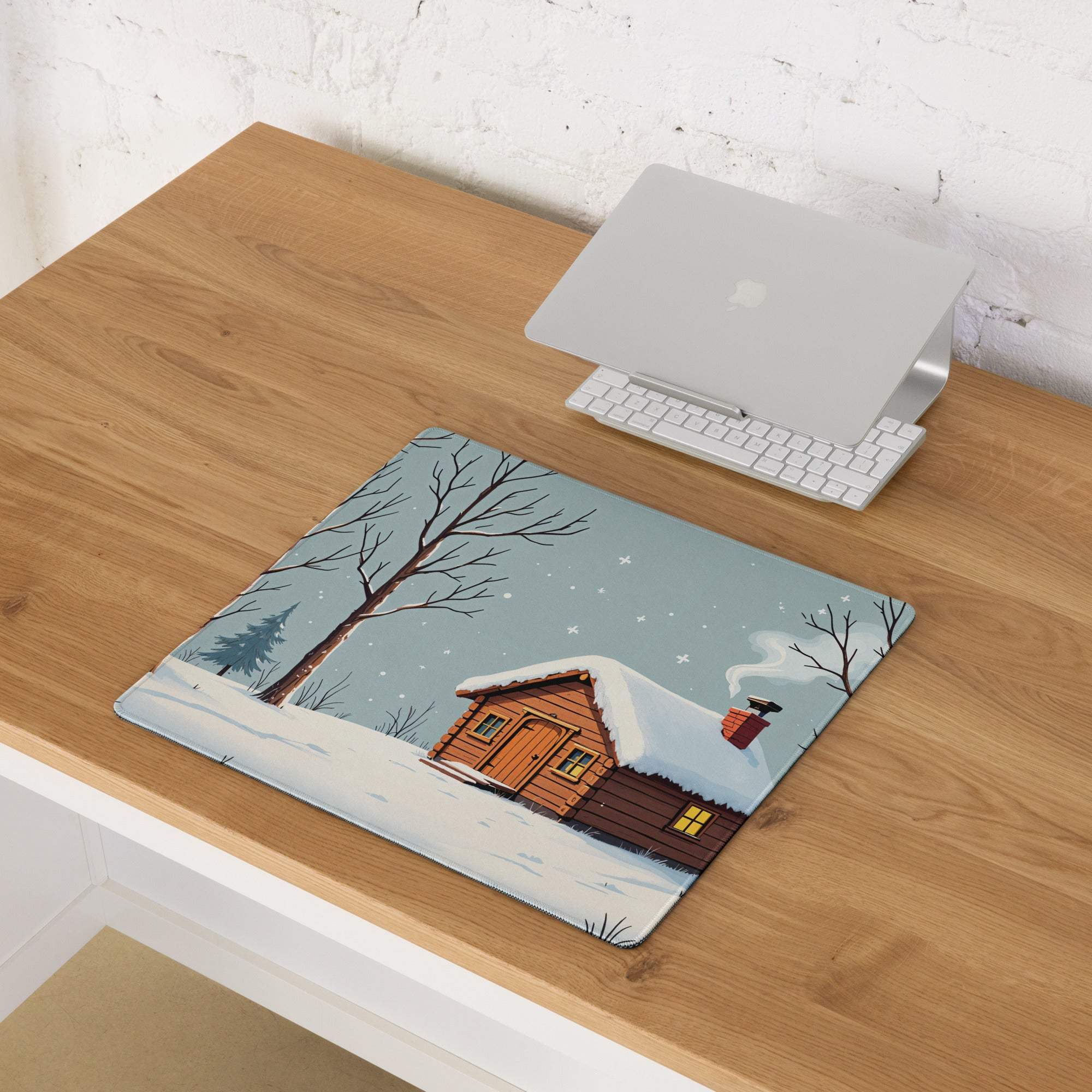 Cozy winter cabin snowy forest mouse pad with calm blue gaming scene