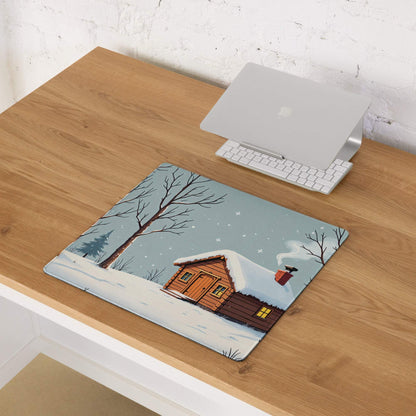 Cozy winter cabin snowy forest mouse pad with calm blue gaming scene