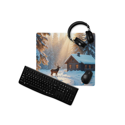 Winter Forest Serenity gaming mouse pad with deer by snowy cabin