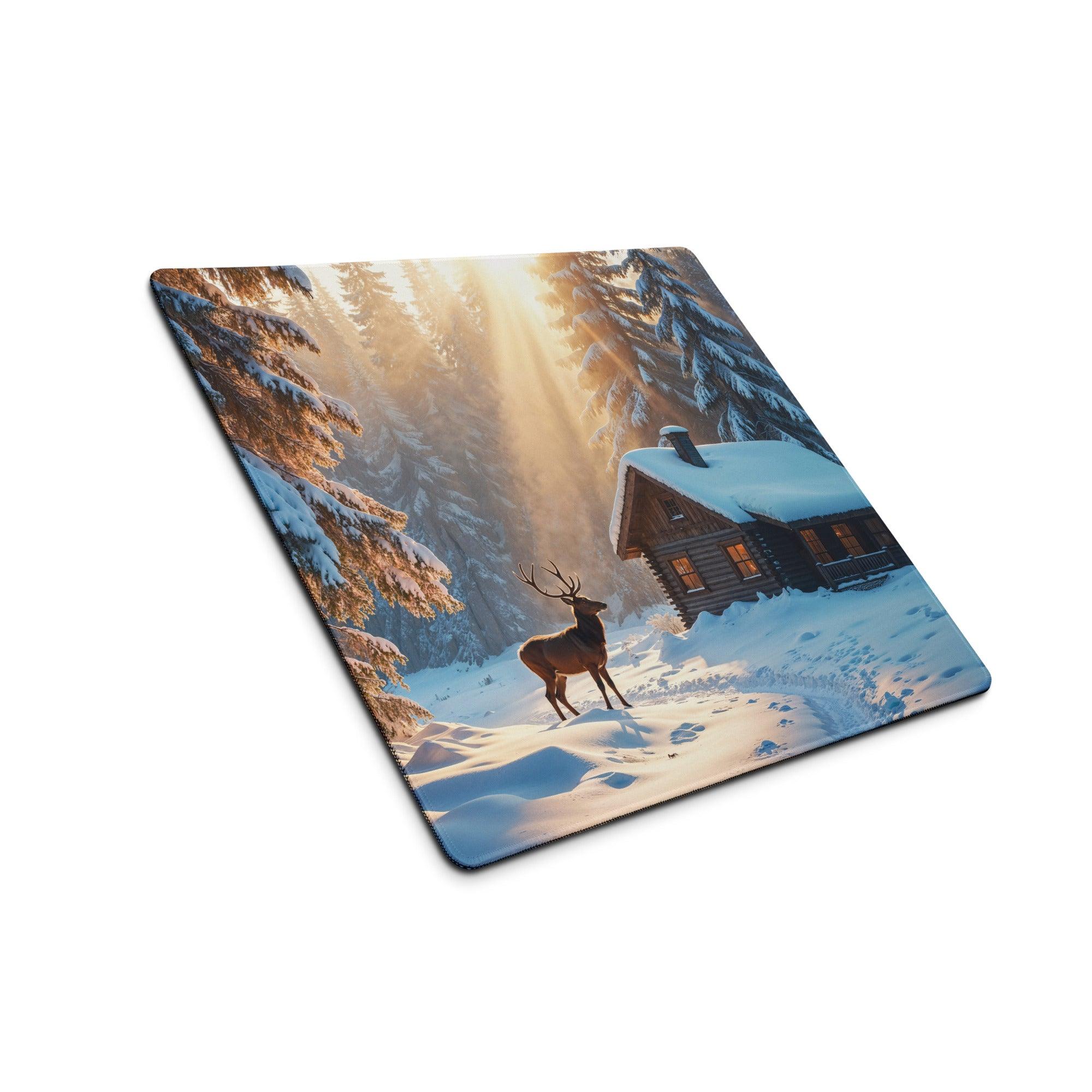Winter Forest Serenity deer by snowy cabin gaming mouse pad