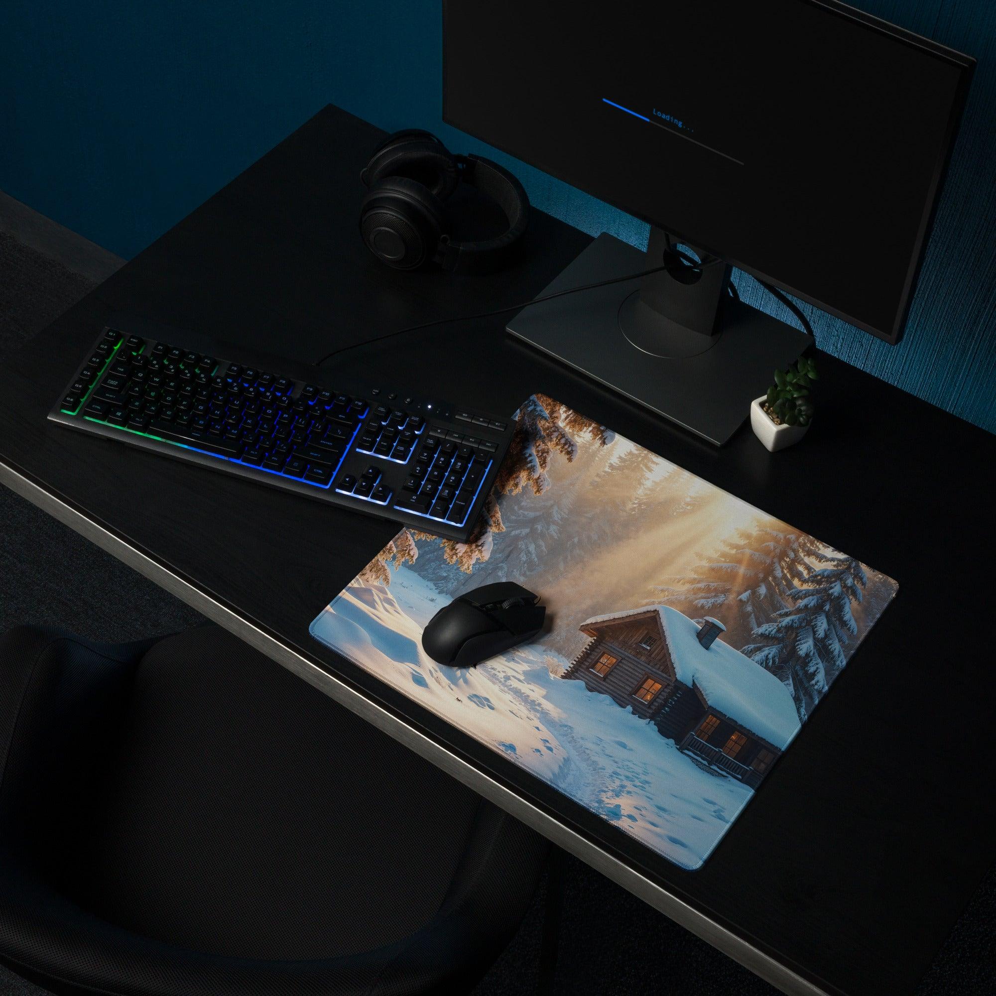 Winter Forest Serenity gaming mouse pad with deer by snowy cabin