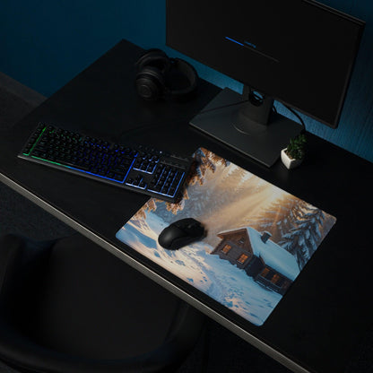 Winter Forest Serenity gaming mouse pad with deer by snowy cabin