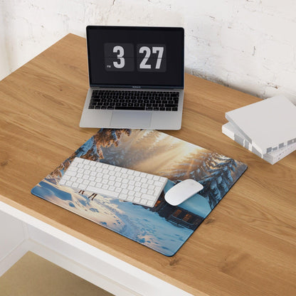 Winter Forest Serenity mousepad with deer by snowy cabin, blue sunrise gaming pad