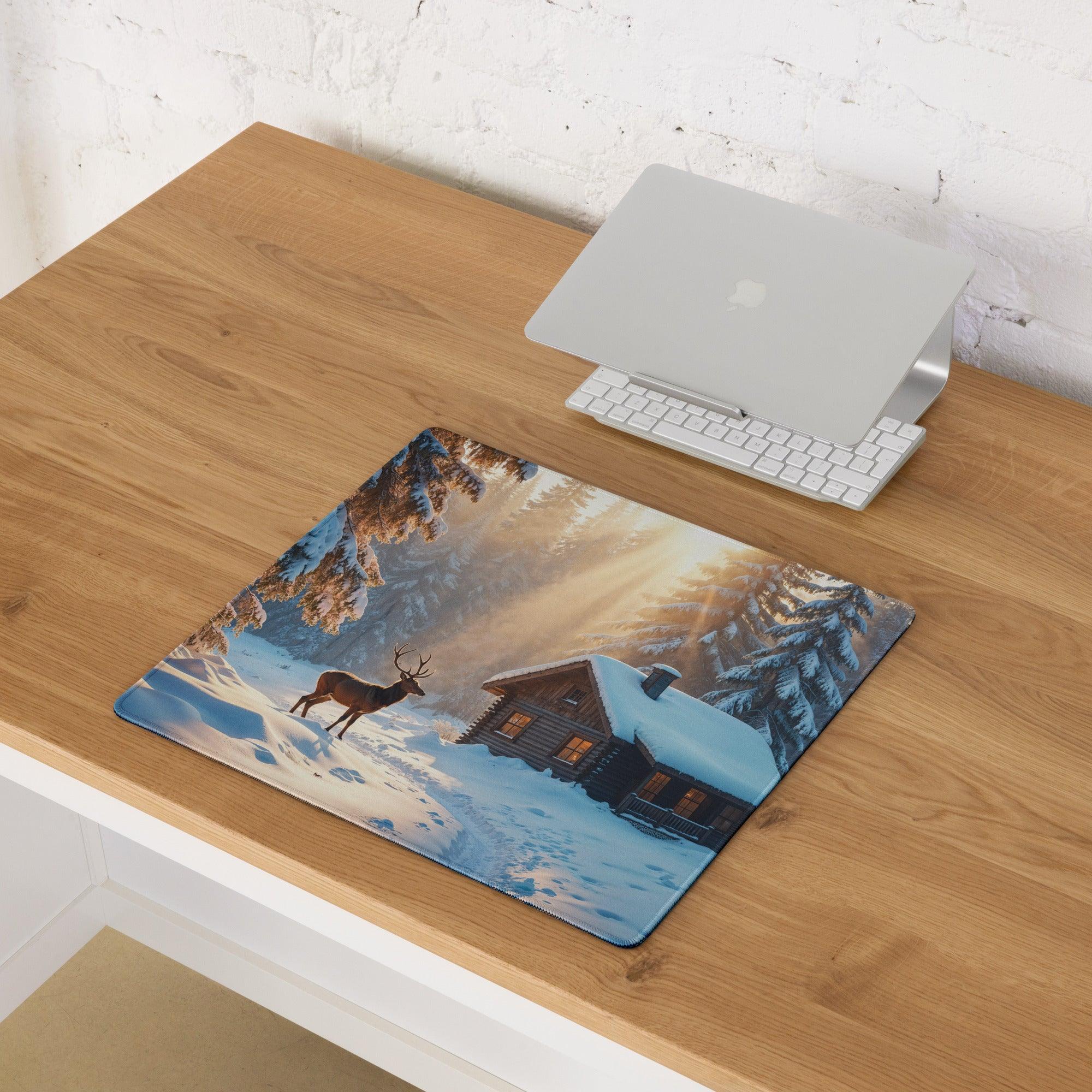 Winter Forest Serenity gaming mouse pad with deer by snowy cabin