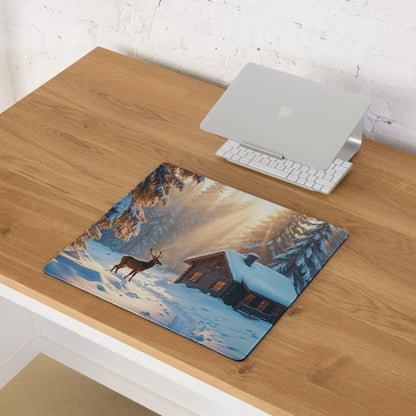 Winter Forest Serenity gaming mouse pad with deer by snowy cabin