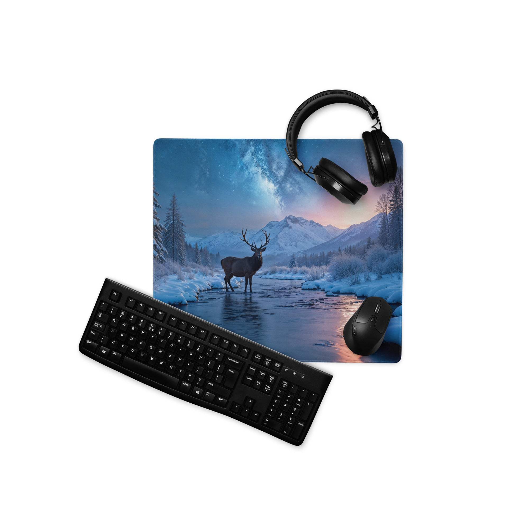 Premium cool blue winter forest deer gaming mouse pad with snowy mountains