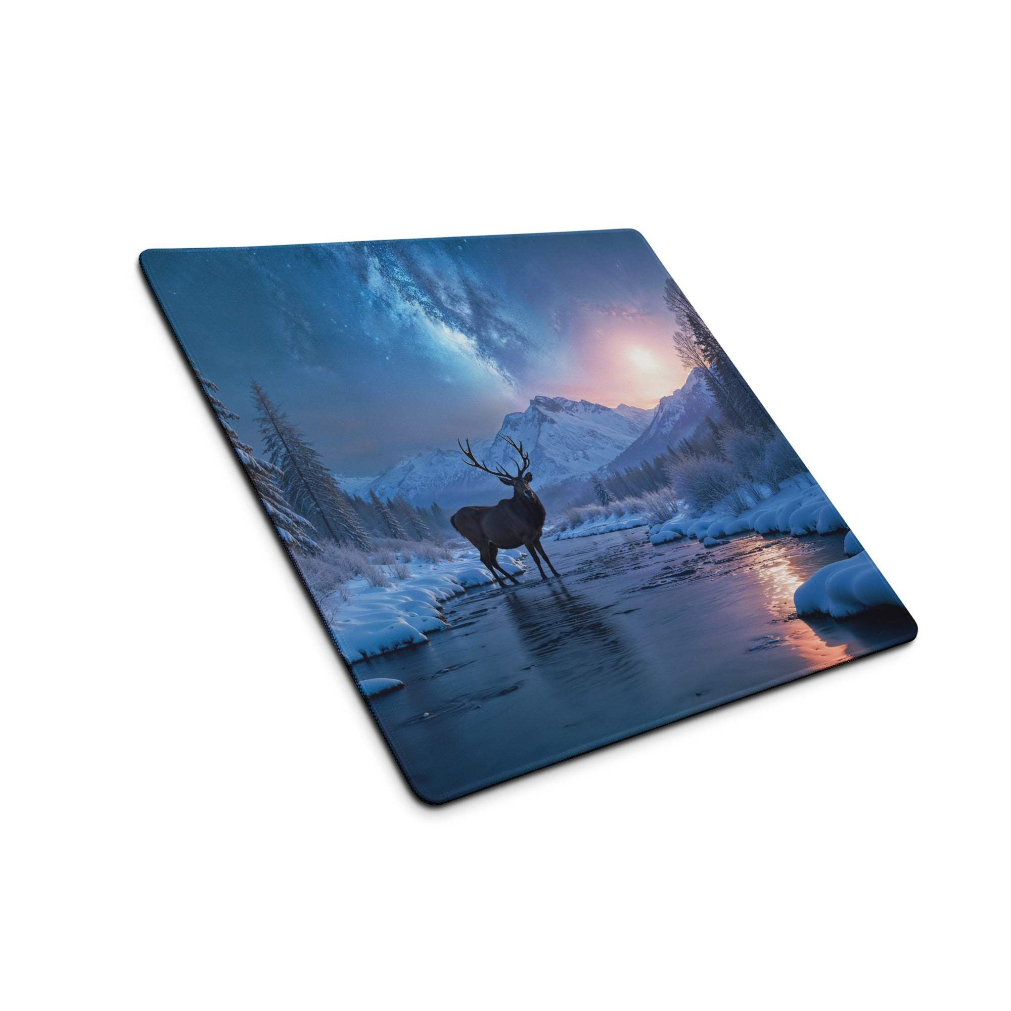 Premium cool blue winter forest deer gaming mouse pad with stag in icy river