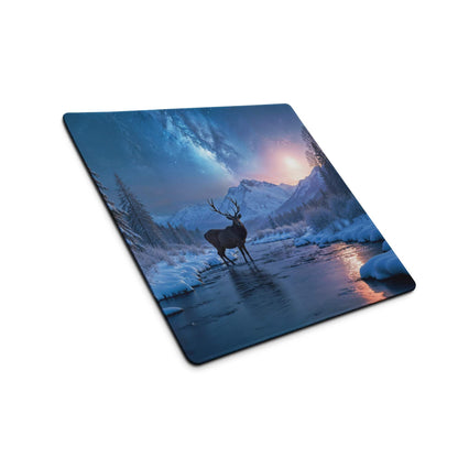 Premium cool blue winter forest deer gaming mouse pad with stag in icy river
