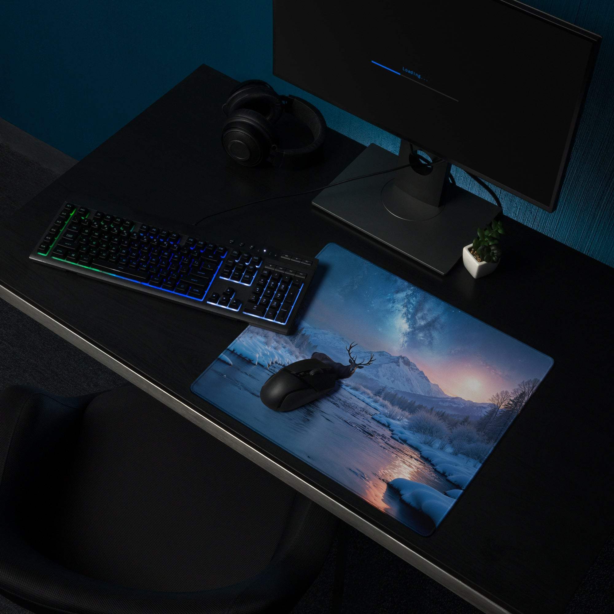 Premium cool blue winter forest deer gaming mouse pad with snowy mountain scene
