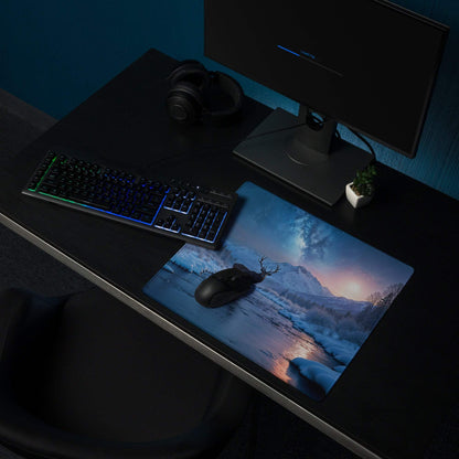 Premium cool blue winter forest deer gaming mouse pad with snowy mountain scene