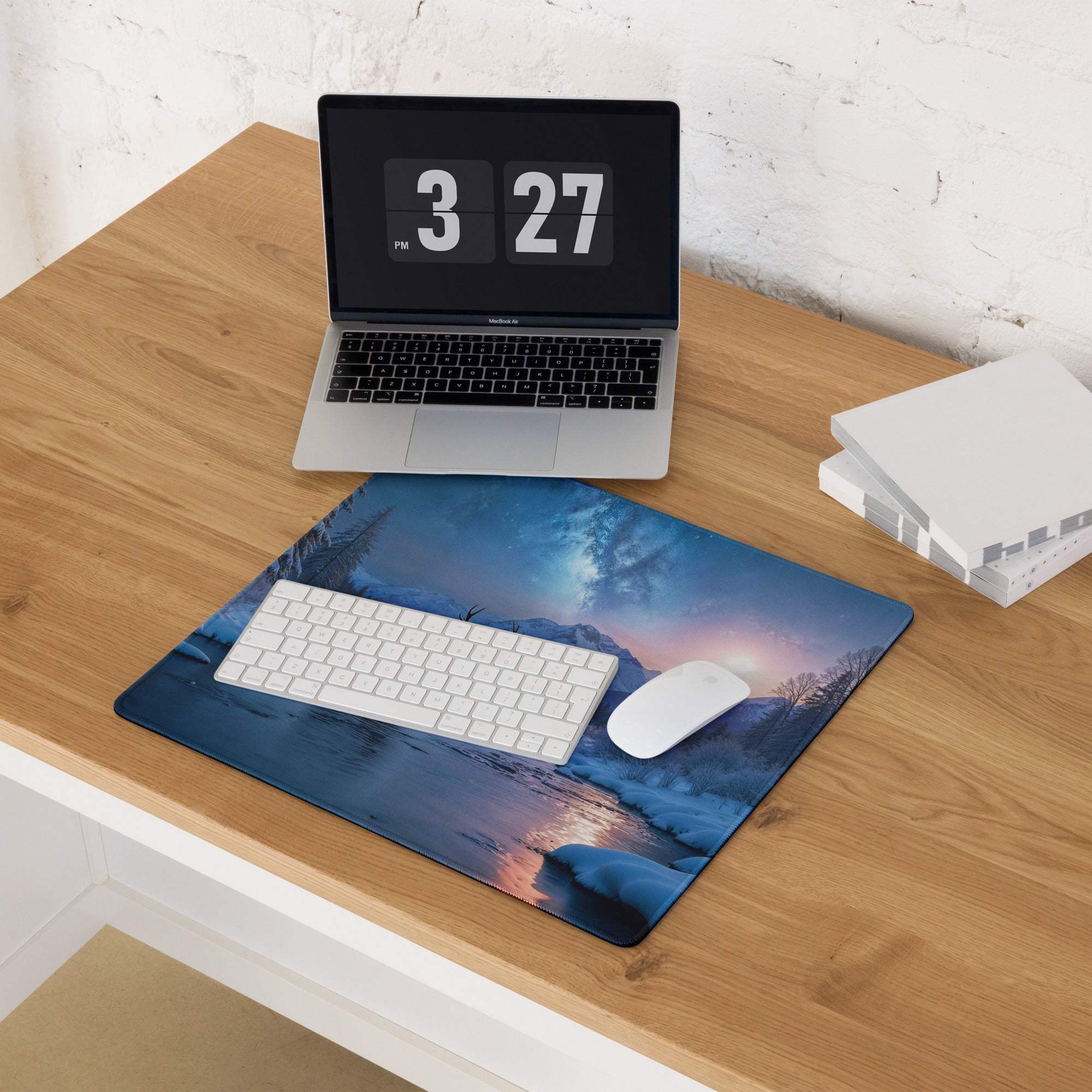 Premium cool blue winter forest deer gaming mousepad with keyboard and mouse