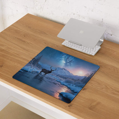 Blue purple stag in icy water starry sky winter forest gaming mouse pad