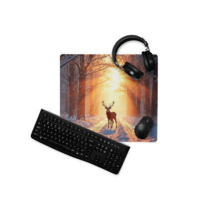 Epic Forest Sunset gaming mouse pad with deer in winter scene