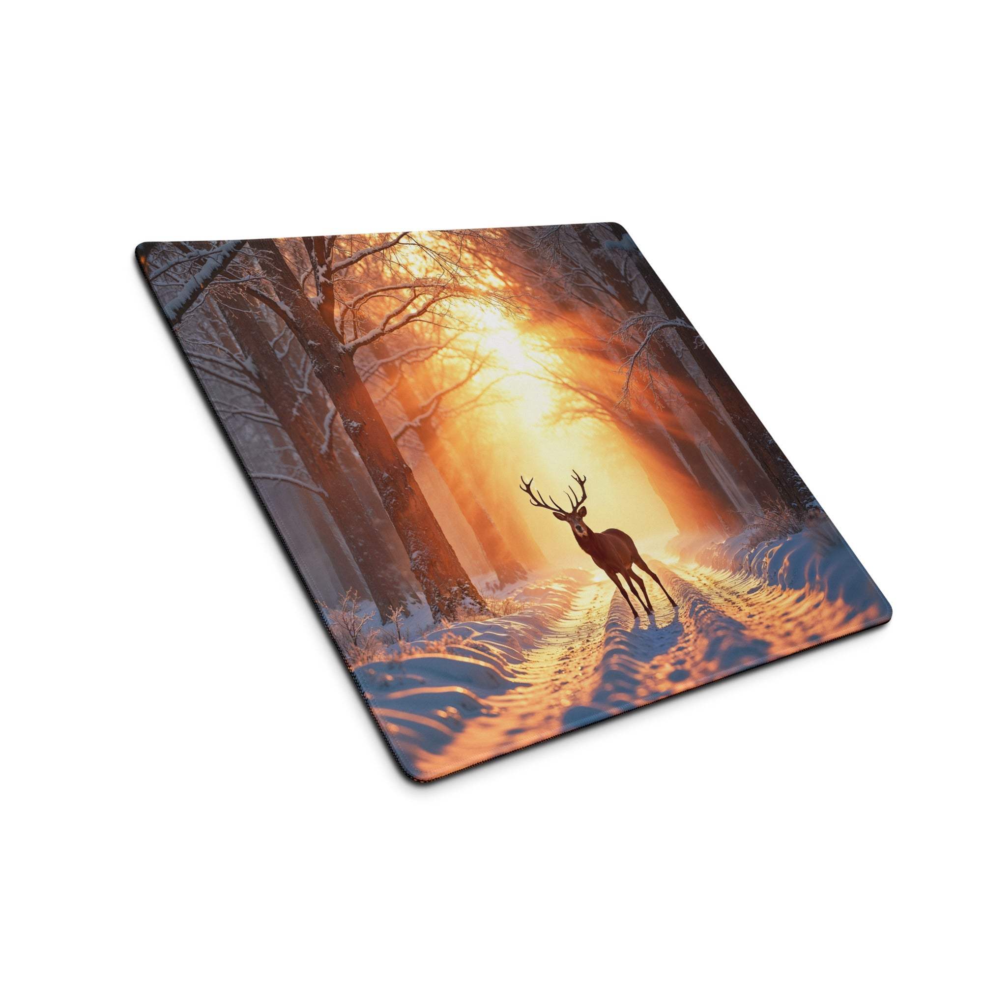 Epic Forest stag in snowy sunrise on large gaming mouse pad