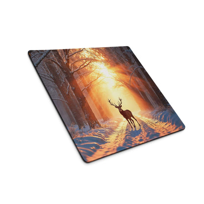 Epic Forest stag in snowy sunrise on large gaming mouse pad