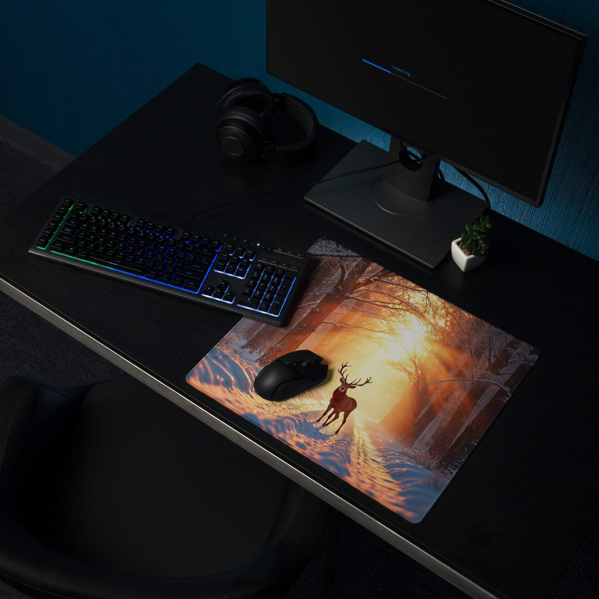 Epic Forest Sunset gaming mouse pad with deer in snowy forest at sunset