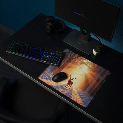 Epic Forest Sunset gaming mouse pad with deer in snowy forest at sunset