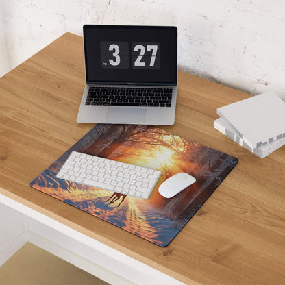 Epic Forest Sunset gaming mouse pad with large size, non-slip base, edge stitching