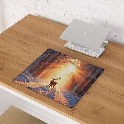 Epic Forest Sunset gaming mouse pad with stag silhouette and non-slip base