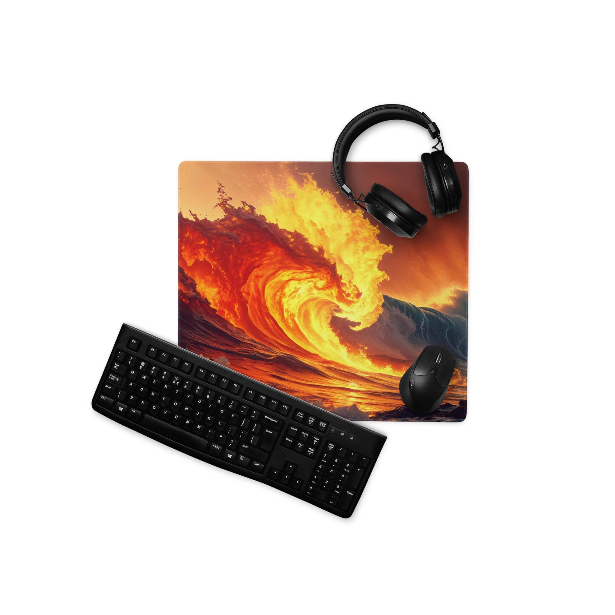 Epic fiery ocean wave gaming mousepad with orange lava design, keyboard, headphones