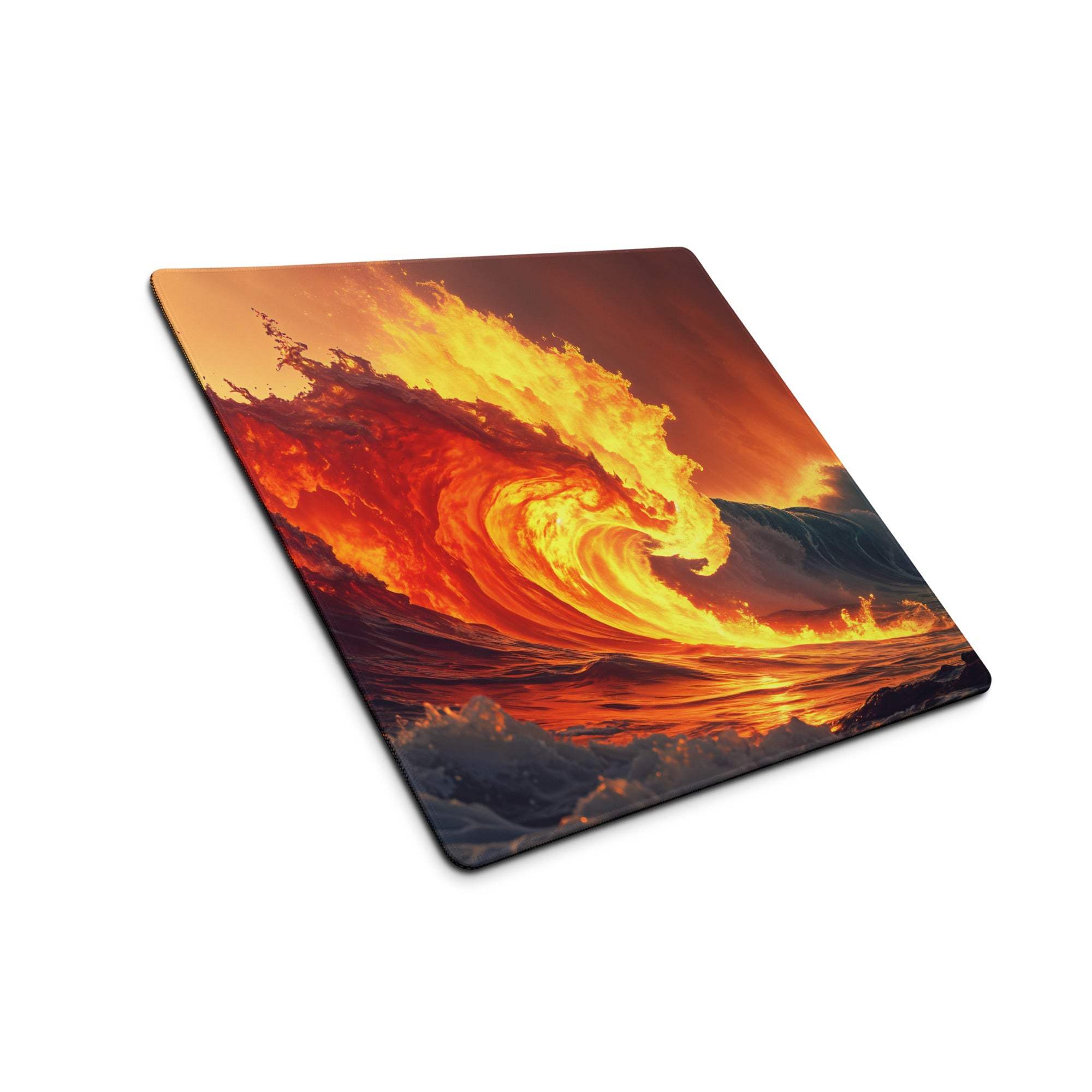 Vibrant orange yellow lava wave on large glossy Epic Gaming Mouse Pad with non-slip base