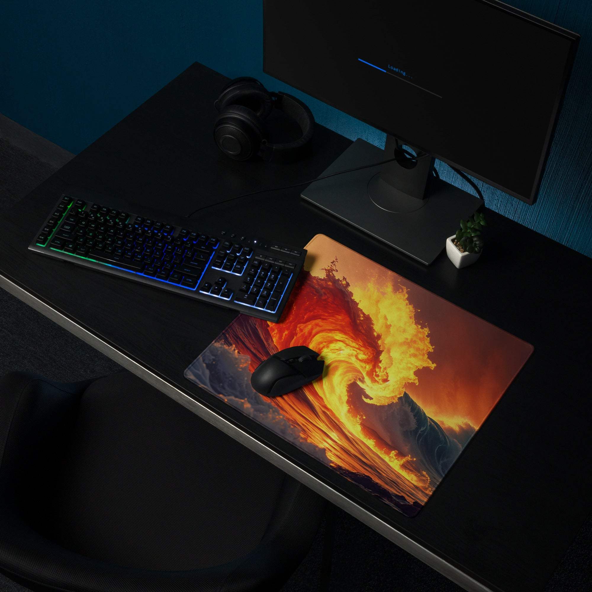 Epic fiery lava flow gaming mousepad with non-slip base and stitched edges