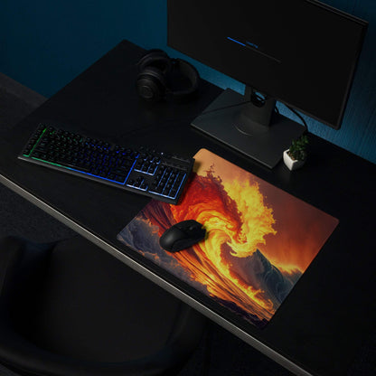 Epic fiery lava flow gaming mousepad with non-slip base and stitched edges