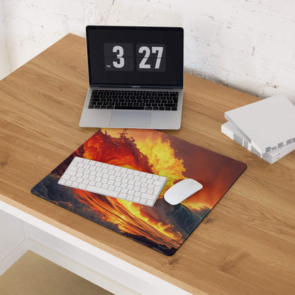 Epic gaming mouse pad with fiery lava flow, non-slip base, stitched edges