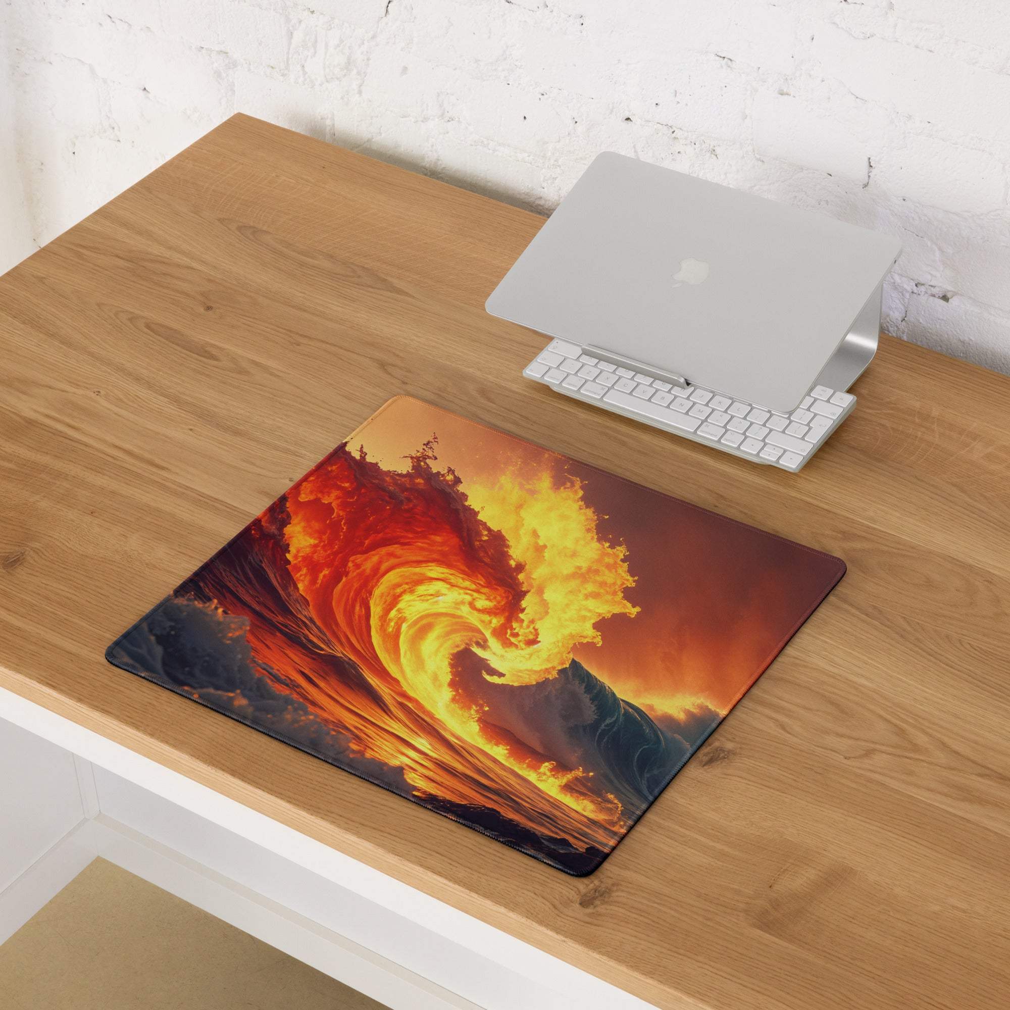 Vibrant orange yellow fiery ocean wave gaming mousepad large non-slip base stitched edges