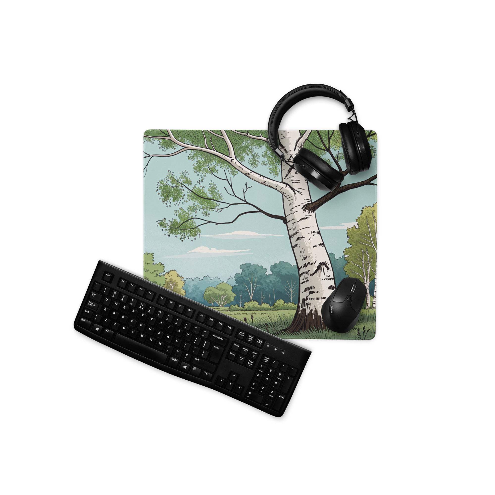 Artistic birch forest gaming mouse pad with serene green blue scene