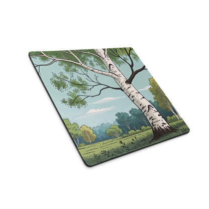 Square birch tree coaster on artistic green forest gaming mouse pad
