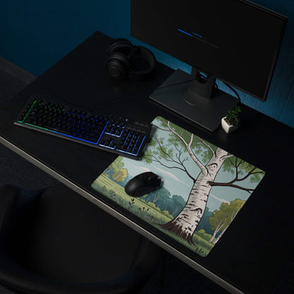 Artistic birch tree forest gaming mouse pad on dark desk