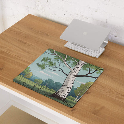 Artistic birch tree forest gaming mouse pad on wooden desk
