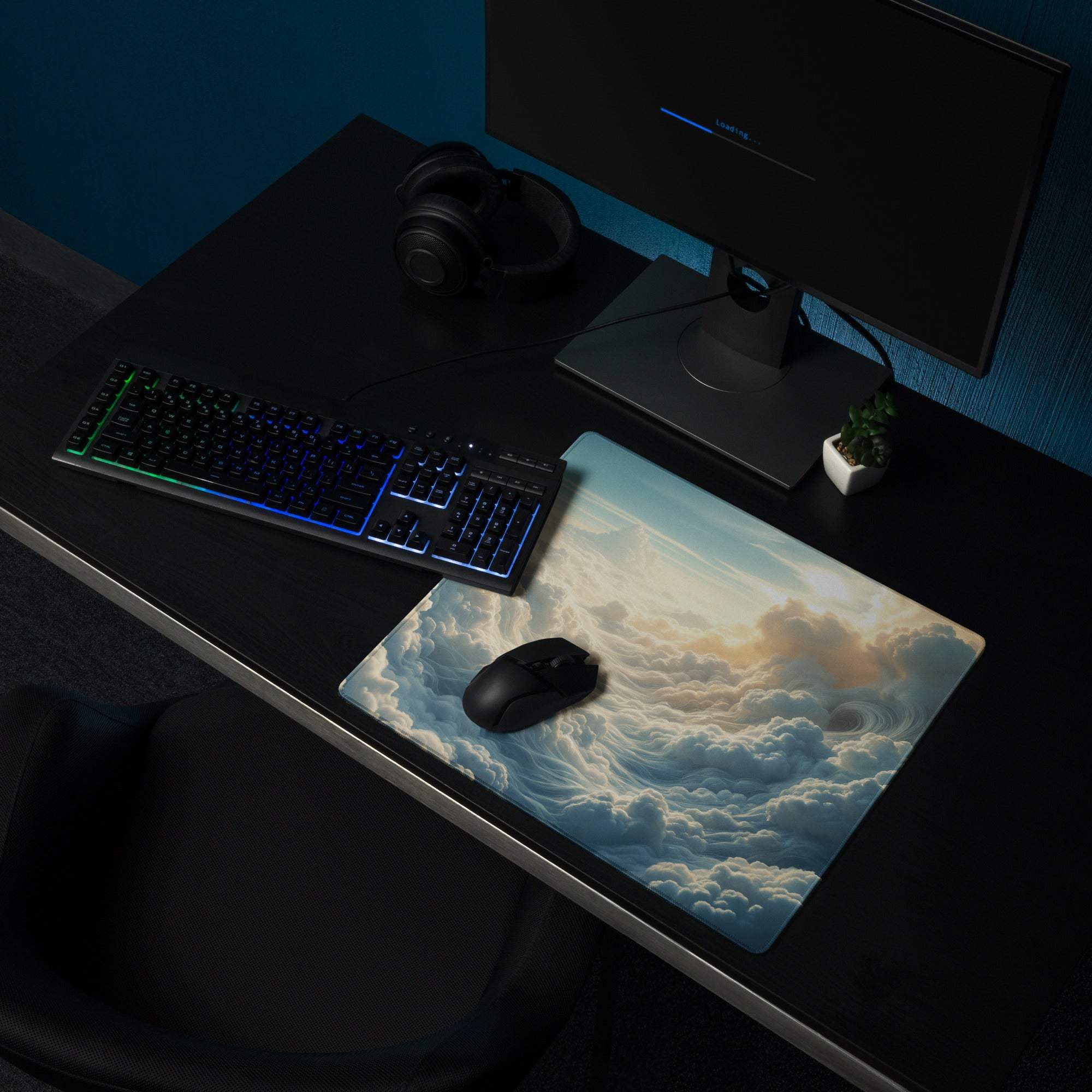 Celestial Sky Dreamy Blue Cloudscape gaming mouse pad with swirling clouds