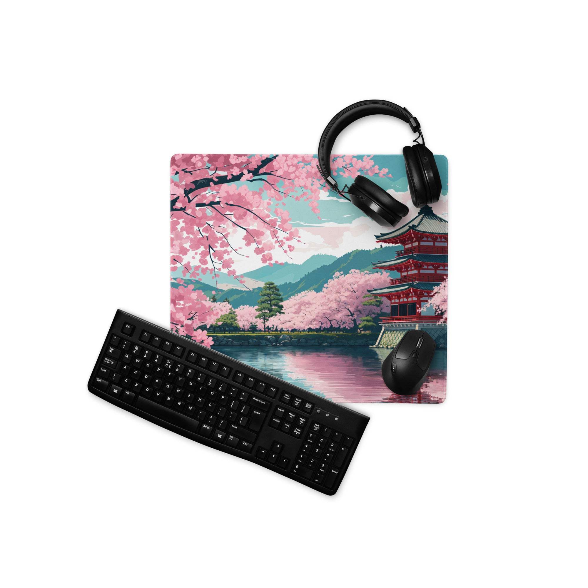 Elegant pastel pink cherry blossom landscape gaming mouse pad with non-slip backing