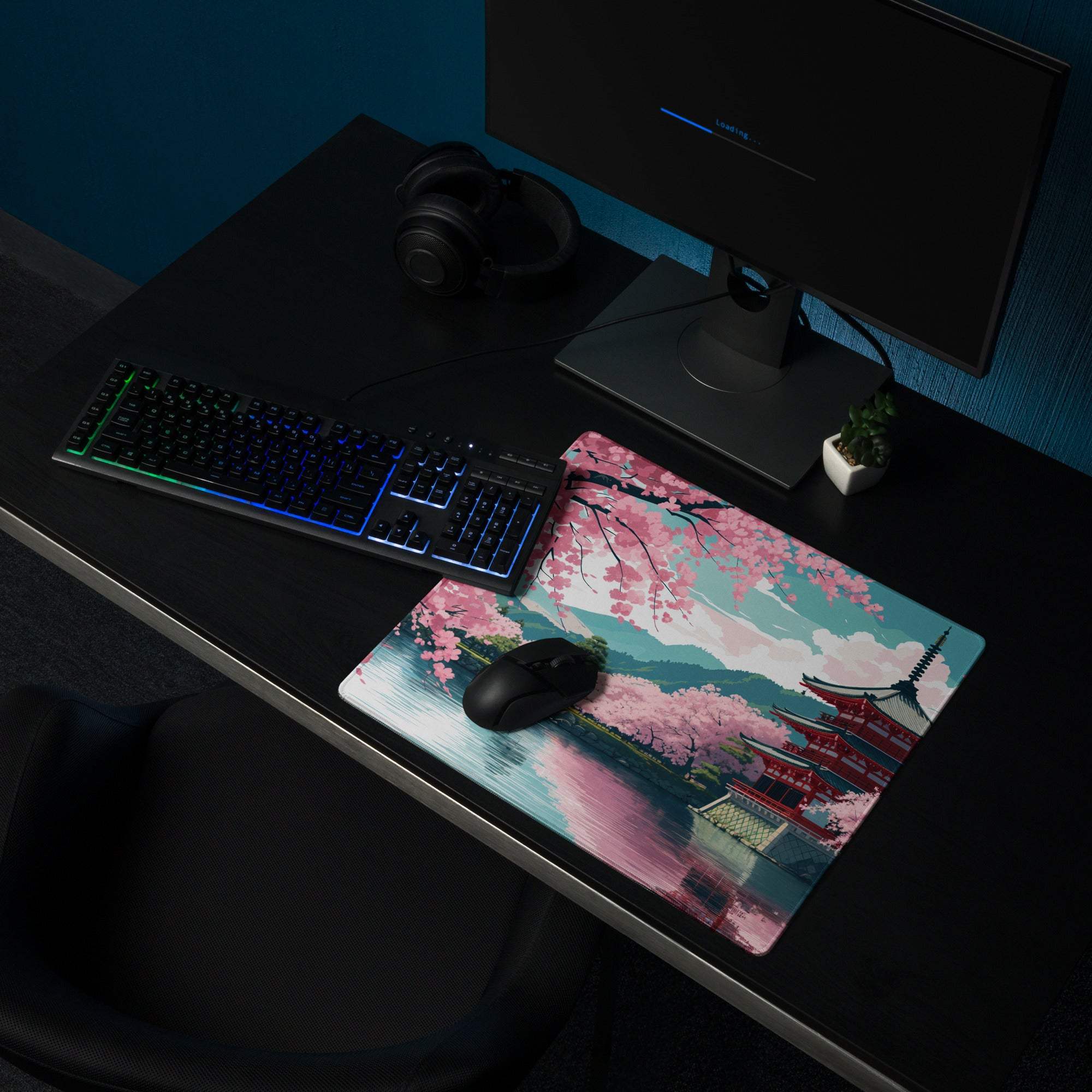 Elegant pastel pink cherry blossom landscape gaming mouse pad, large non-slip