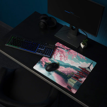 Elegant pastel pink cherry blossom landscape gaming mouse pad, large non-slip
