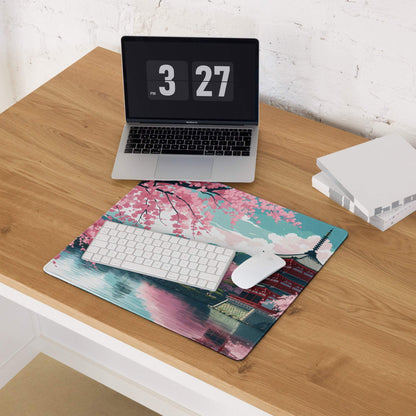 Elegant pastel pink cherry blossom landscape gaming mouse pad with non-slip backing