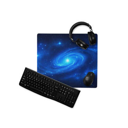 Sleek cosmic blue galaxy gaming mouse pad with nebula, stars, edge stitching, non-slip base